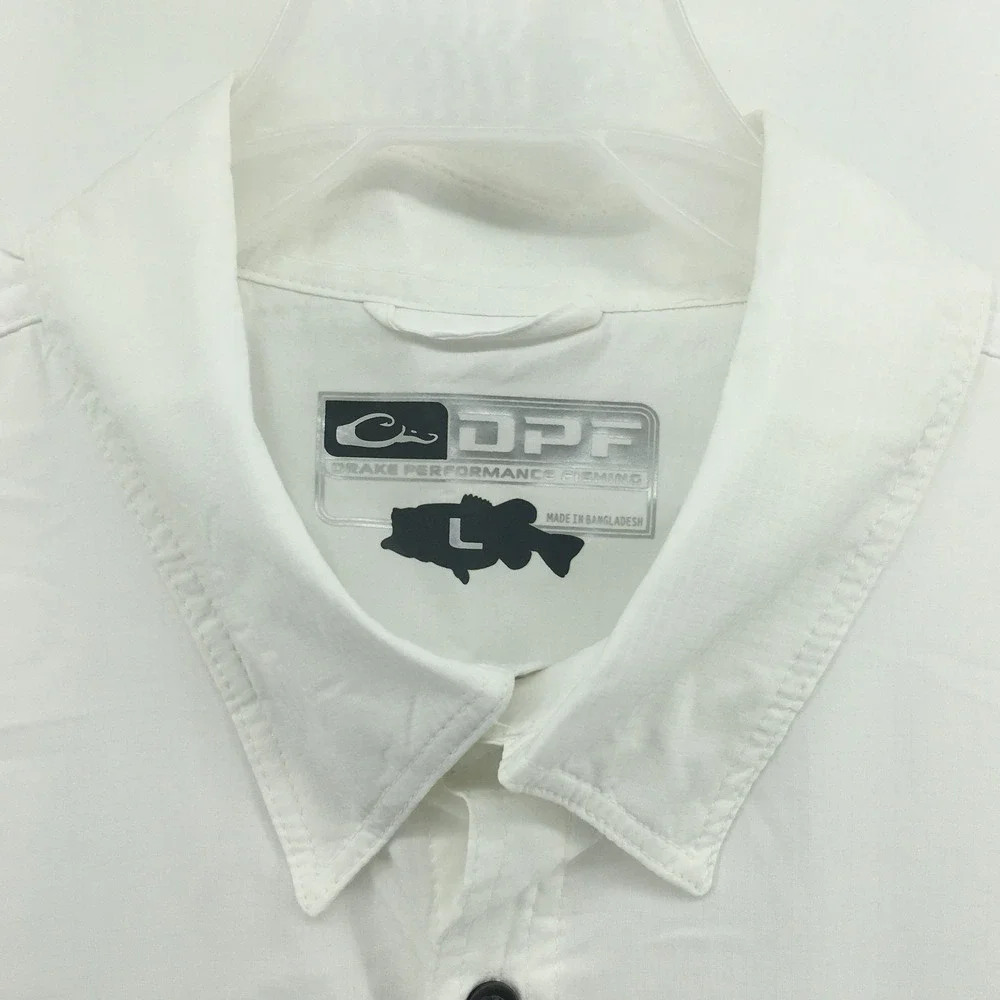 Drake Waterfowl DPF Fishing Shirt Mens Large White Short Sleeve Vented Button Up